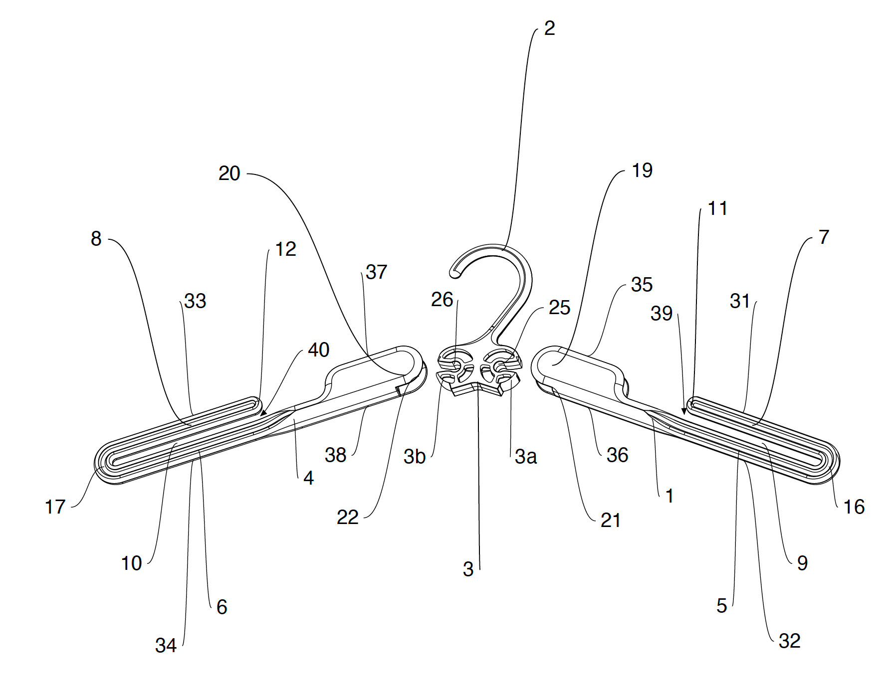 Numbered engineering drawing of the folding hanger